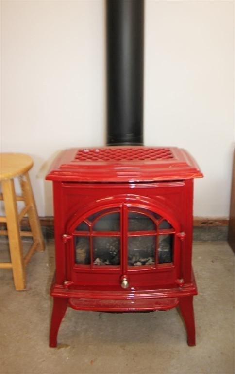 interior details featuring carpet floors and a wood stove