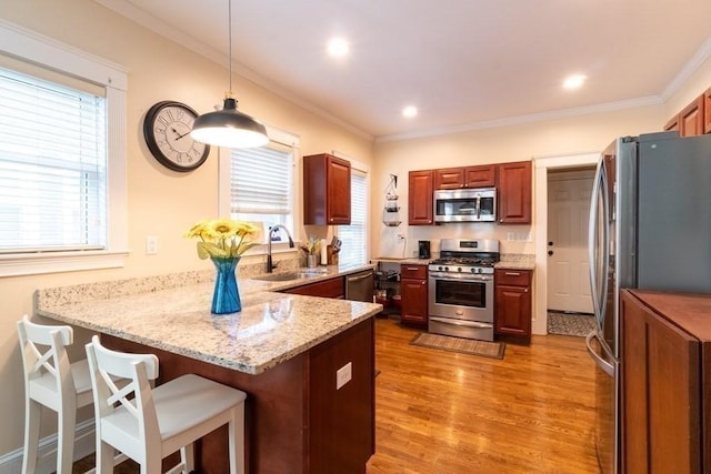 kitchen with stainless steel appliances, a sink, a peninsula, wood finished floors, and hanging light fixtures