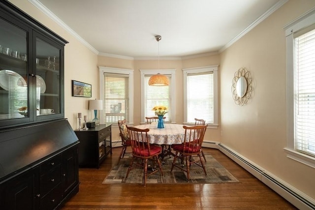 dining space featuring a baseboard radiator, dark wood-style floors, ornamental molding, and healthy amount of natural light