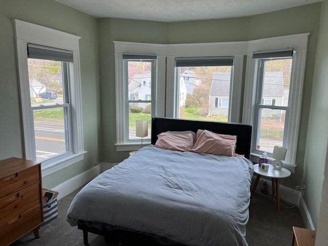 bedroom with baseboards, multiple windows, and carpet