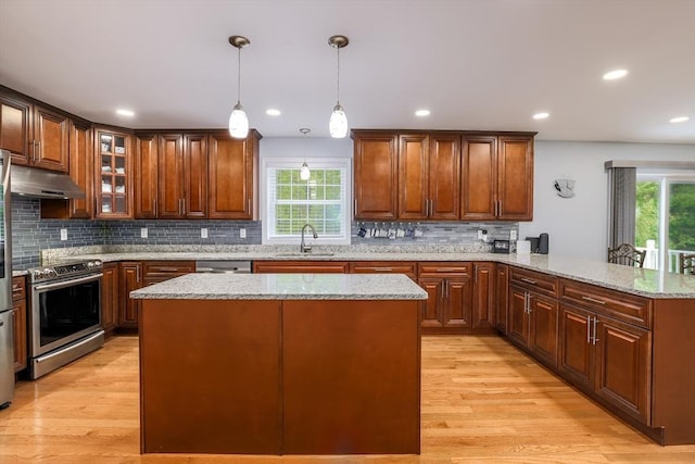 66 Eagle Dr, Dudley, MA 01571 - kitchen featuring under cabinet range hood, a sink, stainless steel appliances, a peninsula, and tasteful backsplash