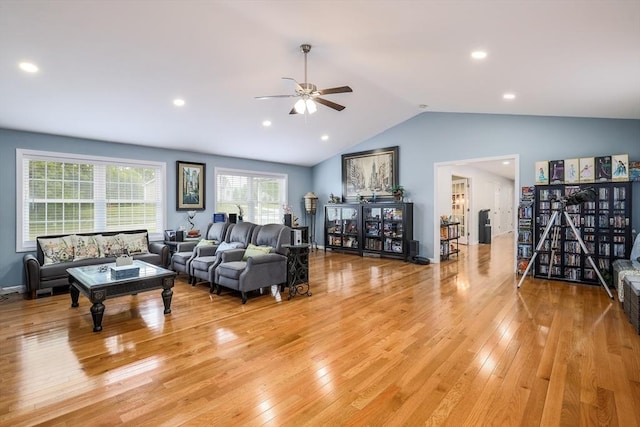 66 Eagle Dr, Dudley, MA 01571 - living room featuring ceiling fan, light wood-style floors, lofted ceiling, and recessed lighting