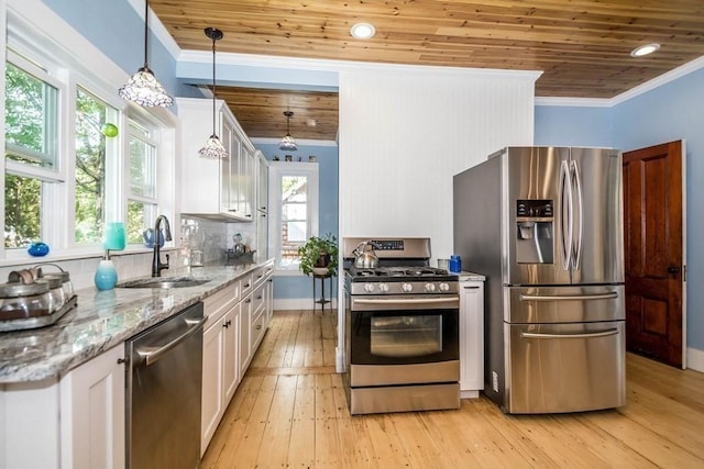 29-31 Bancroft Ave, Reading, MA 01867 - kitchen featuring stainless steel appliances, wood ceiling, white cabinets, ornamental molding, and light stone countertops