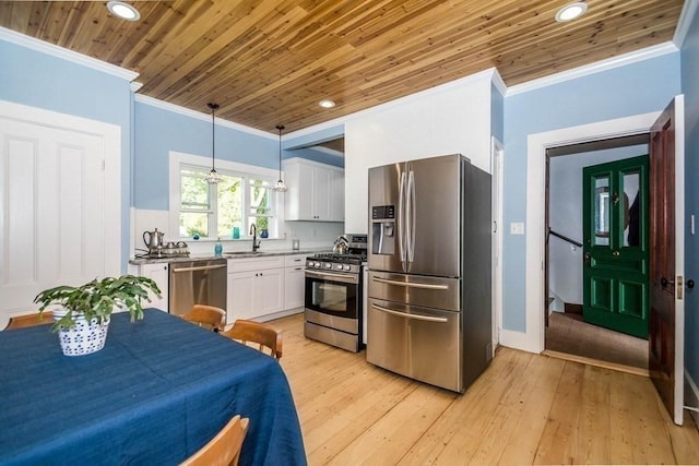 29-31 Bancroft Ave, Reading, MA 01867 - kitchen with appliances with stainless steel finishes, crown molding, wood ceiling, white cabinets, and light wood-style floors