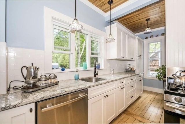 29-31 Bancroft Ave, Reading, MA 01867 - kitchen with appliances with stainless steel finishes, wood ceiling, crown molding, white cabinetry, and light wood-type flooring