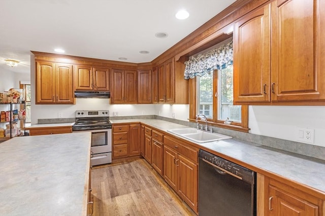 kitchen with dishwasher, light hardwood / wood-style floors, stainless steel electric stove, and sink