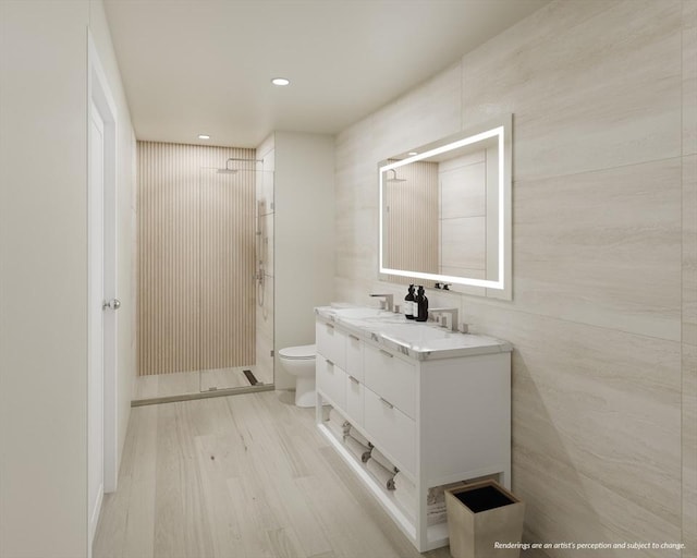118 Prospect St Unit 306, Somerville, MA 02143 - full bathroom with a stall shower, vanity, wood finished floors, and recessed lighting