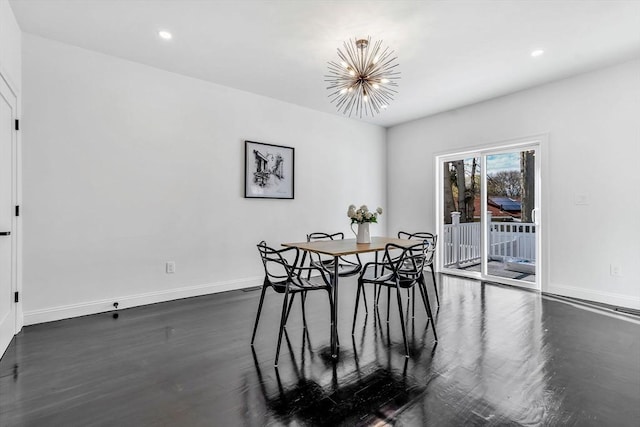 dining room featuring baseboards, dark wood-style flooring, a chandelier, and recessed lighting