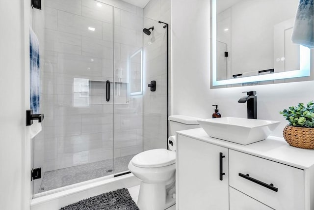 full bath featuring toilet, a stall shower, and vanity