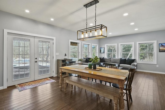 dining space with dark wood-style floors, recessed lighting, french doors, and baseboards