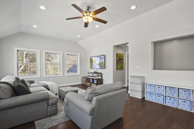 living room with dark wood finished floors, vaulted ceiling, and recessed lighting