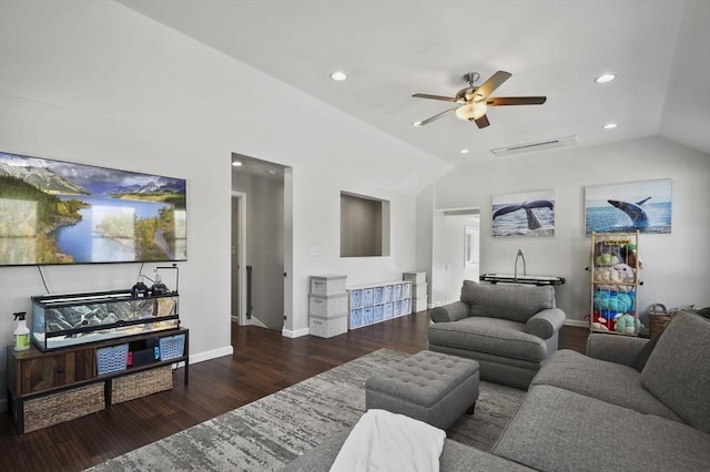 living room with visible vents, baseboards, vaulted ceiling, recessed lighting, and wood finished floors