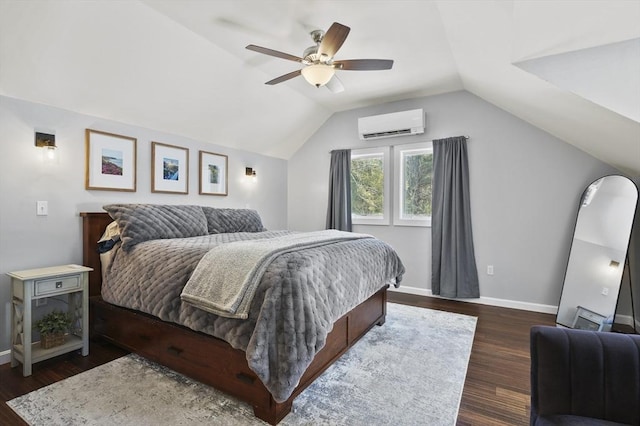 bedroom featuring a wall mounted air conditioner, dark wood-type flooring, lofted ceiling, a ceiling fan, and baseboards