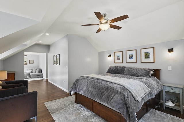 bedroom with a ceiling fan, dark wood-style floors, recessed lighting, baseboards, and vaulted ceiling