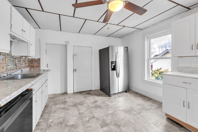 kitchen with stainless steel fridge with ice dispenser, dishwasher, white cabinets, and sink