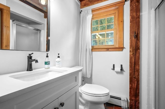 bathroom featuring a baseboard heating unit, toilet, a shower stall, and vanity