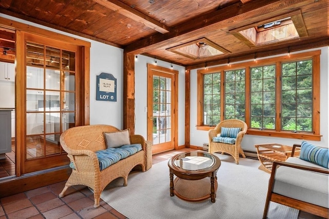 sunroom featuring a skylight, wood ceiling, and beamed ceiling