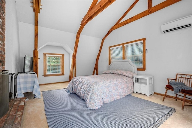 bedroom featuring light colored carpet, a wall mounted air conditioner, lofted ceiling with beams, and baseboards