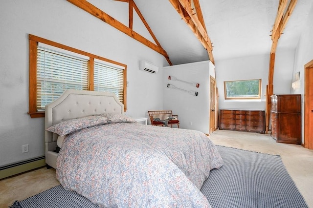 bedroom featuring a baseboard heating unit, a wall mounted air conditioner, lofted ceiling with beams, and carpet floors