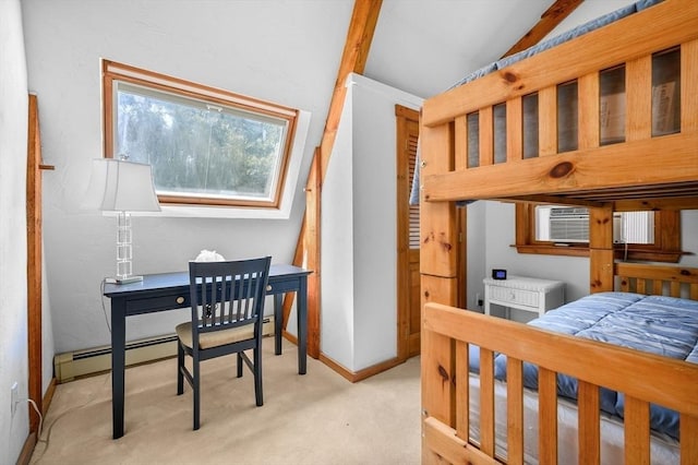 bedroom featuring vaulted ceiling, carpet floors, a baseboard radiator, and baseboards