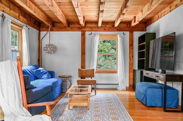 interior space with plenty of natural light, wood ceiling, and beam ceiling