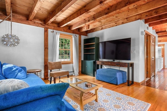 living room featuring hardwood / wood-style floors, a baseboard heating unit, wood ceiling, beamed ceiling, and baseboards