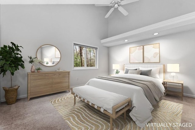 bedroom featuring light carpet, high vaulted ceiling, recessed lighting, baseboards, and a ceiling fan