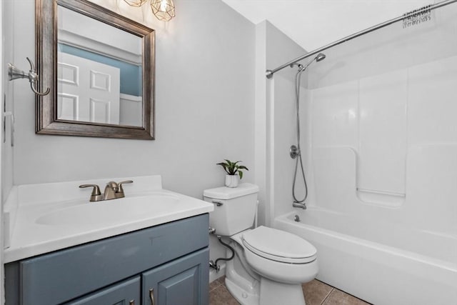 full bathroom with shower / bathtub combination, toilet, tile patterned flooring, and vanity