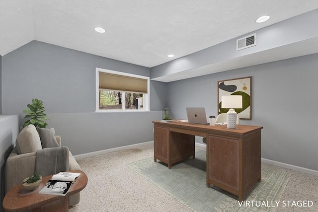 office space with recessed lighting, baseboards, and visible vents