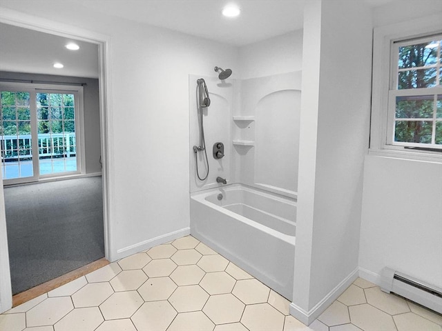 7 Nirvana Dr, Saugus, MA 01906 - bathroom featuring a baseboard heating unit, recessed lighting, shower / bathtub combination, and baseboards