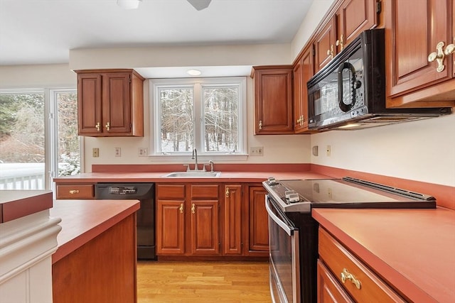 kitchen with light hardwood / wood-style floors, sink, and black appliances