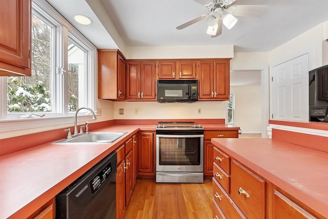 kitchen featuring ceiling fan, light hardwood / wood-style floors, sink, and black appliances