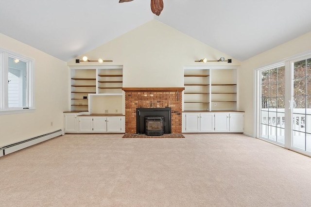 unfurnished living room with ceiling fan, high vaulted ceiling, light colored carpet, and baseboard heating