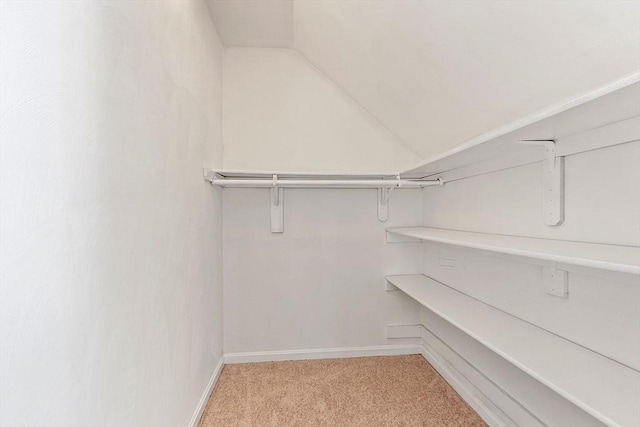 spacious closet with light carpet and lofted ceiling