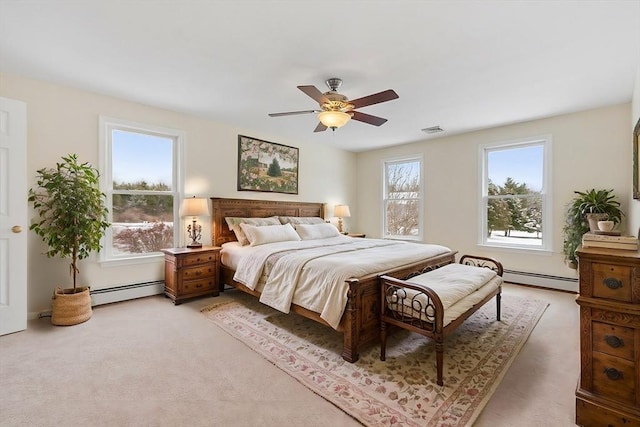 carpeted bedroom with a baseboard radiator and ceiling fan