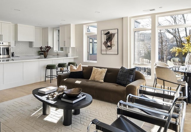 living room featuring sink and light wood-type flooring