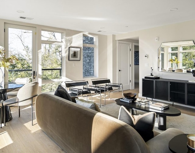 living room featuring a wealth of natural light and light hardwood / wood-style flooring