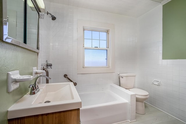 bathroom with toilet, wood finished floors, tile walls, a shower, and a bath