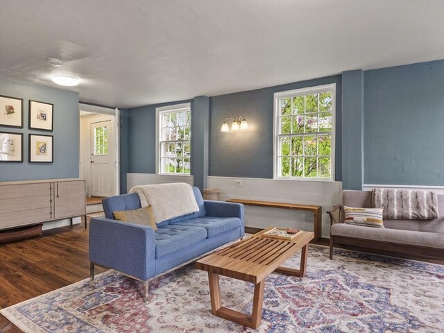 living room featuring wood finished floors and a baseboard heating unit