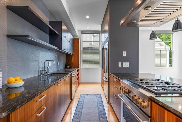 618 E 2nd St Unit 2, Boston, MA 02127 - kitchen featuring stainless steel appliances, ventilation hood, modern cabinets, light wood finished floors, and open shelves