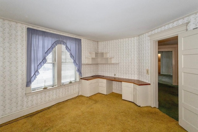 unfurnished office featuring built in desk and light colored carpet