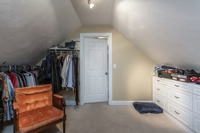 spacious closet featuring light carpet and vaulted ceiling