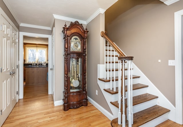 entryway featuring crown molding, light hardwood / wood-style floors, and sink