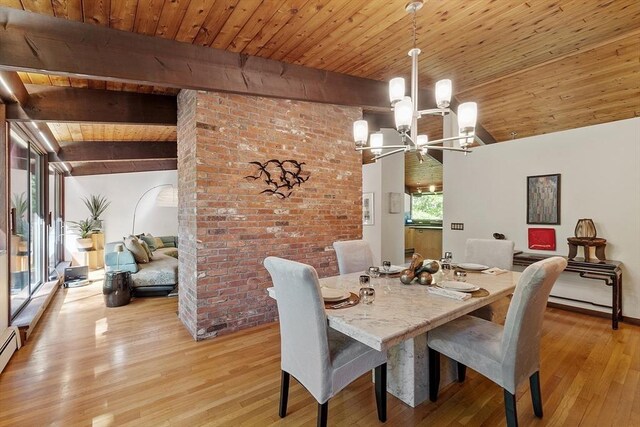 157 Carleton Rd, Carlisle, MA 01741 - dining area with wooden ceiling, light wood finished floors, a chandelier, and baseboard heating