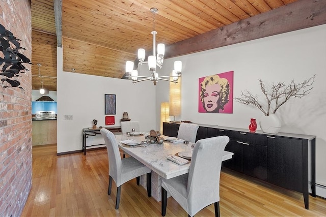 157 Carleton Rd, Carlisle, MA 01741 - dining room with a chandelier, wood ceiling, light wood-style floors, and a baseboard radiator