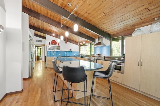 157 Carleton Rd, Carlisle, MA 01741 - kitchen featuring stainless steel appliances, a sink, wood ceiling, wall chimney range hood, and a kitchen island
