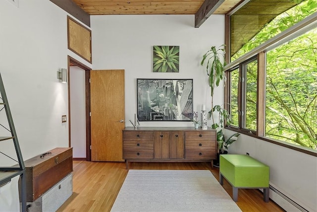 157 Carleton Rd, Carlisle, MA 01741 - interior space with baseboard heating, wood finished floors, and wooden ceiling