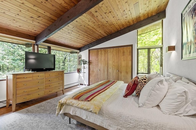 157 Carleton Rd, Carlisle, MA 01741 - bedroom featuring a baseboard heating unit, wood finished floors, and wooden ceiling