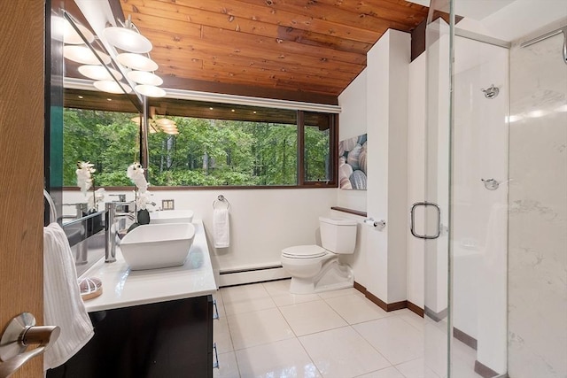 157 Carleton Rd, Carlisle, MA 01741 - bathroom featuring baseboard heating, wood ceiling, double vanity, a stall shower, and toilet