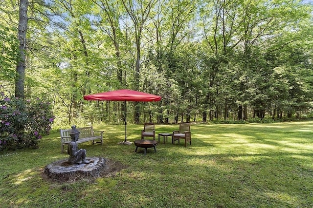157 Carleton Rd, Carlisle, MA 01741 - view of green lawn with an outdoor fire pit and a view of trees